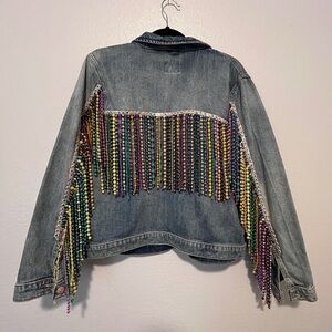 Beaded Fringe Denim Jacket Mardi gras VIRAL XL